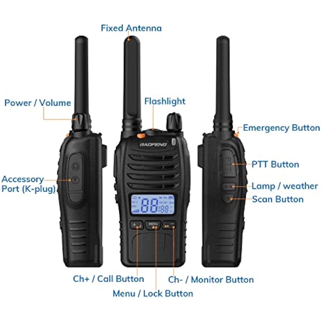BAOFENG BF-88ST Pro Walkie Talkie, Upgraded Long Range Rechargeable License-Free PMR446 Two Way Radios with LCD Display, VOX Dual, Desktop Charger and Earpieces, 4 Pack