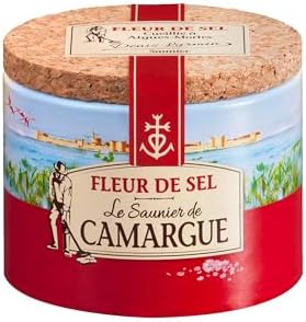 Le Saunier De Camargue French Sea Salt, Fleur De Sel, Hand Harvested, Delicate Salt Flakes for Cooking and Seasoning, Round Box 125 g