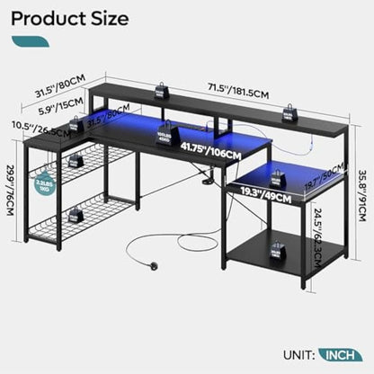Bestier 181CM L-Shaped Gaming Desk with RGB LED Lights, Power Outlets, USB Ports, Carbon Fibre Surface, Monitor Stand, Storage Shelf, Cup Holder & Headset Hook