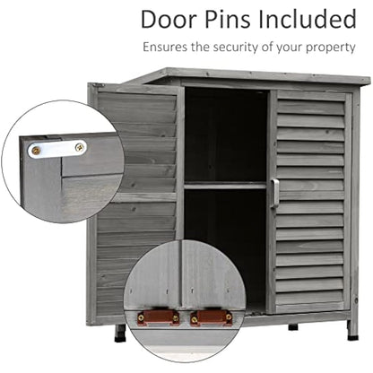 Outsunny Garden Shed Wooden Garden Storage Shed 2 Door Unit Solid Fir Wood Garage Tool Organisation Cabinet, 87L x 46.5W x 96.5Hcm, Grey