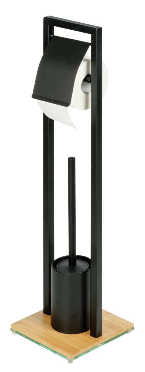 WENKO Bamboo Toilet Brush Holder Stand Steel Black 18 x 72.5 x 18 cm
