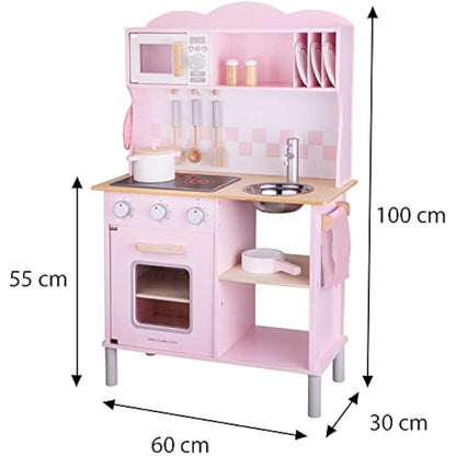 New Classic Toys 11067 Wooden Pretend Toy Kitchen for 3Y+, for Kids Included Accessoires-Comes with Electric Cooking Plate-Makes Sound, Pink