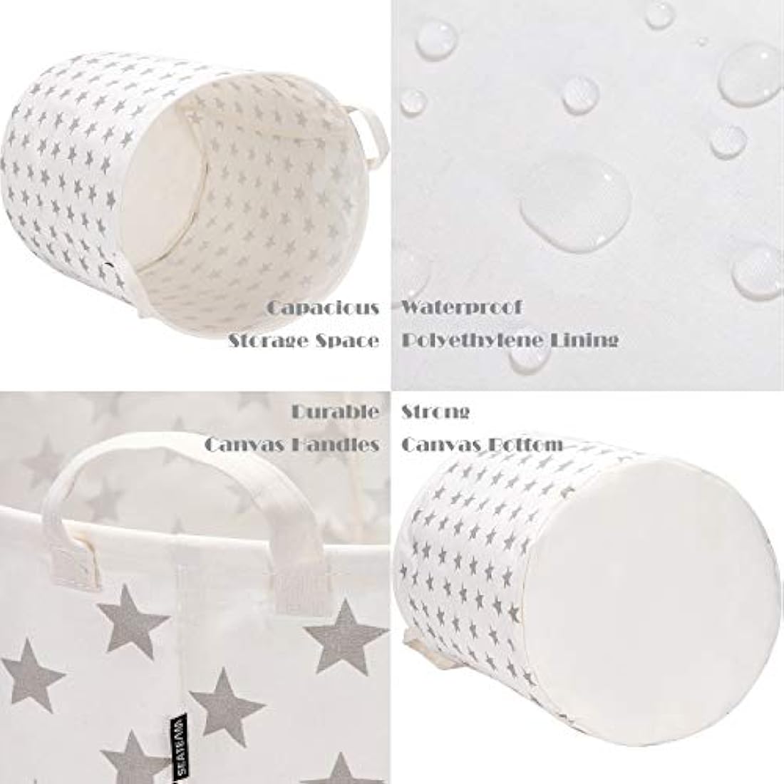 Sea Team 19.7 Inch Large Sized Waterproof Coating Ramie Cotton Fabric Folding Laundry Hamper Bucket Cylindric Burlap Canvas Storage Basket with Stylish Grey Stars Design