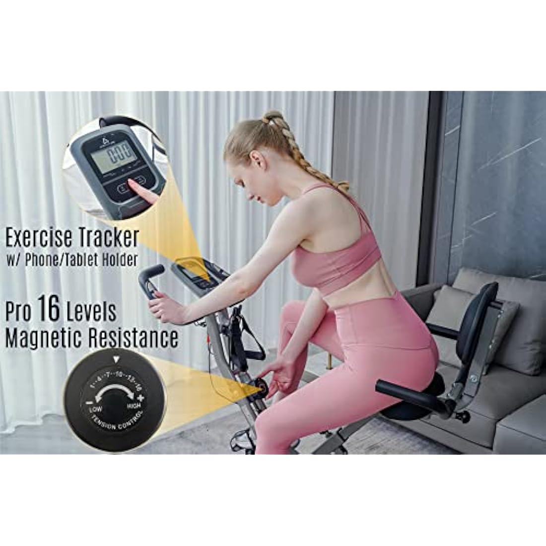AceFuture 4-IN-1 Exercise Bikes for Home Use, Folding Indoor Stationary Cycling Bike with Arm/Leg Workout Bands,16 Levels Magnetic Resistance Fitness Bicycle with Hand Pulse and Phone/Tablet Holder