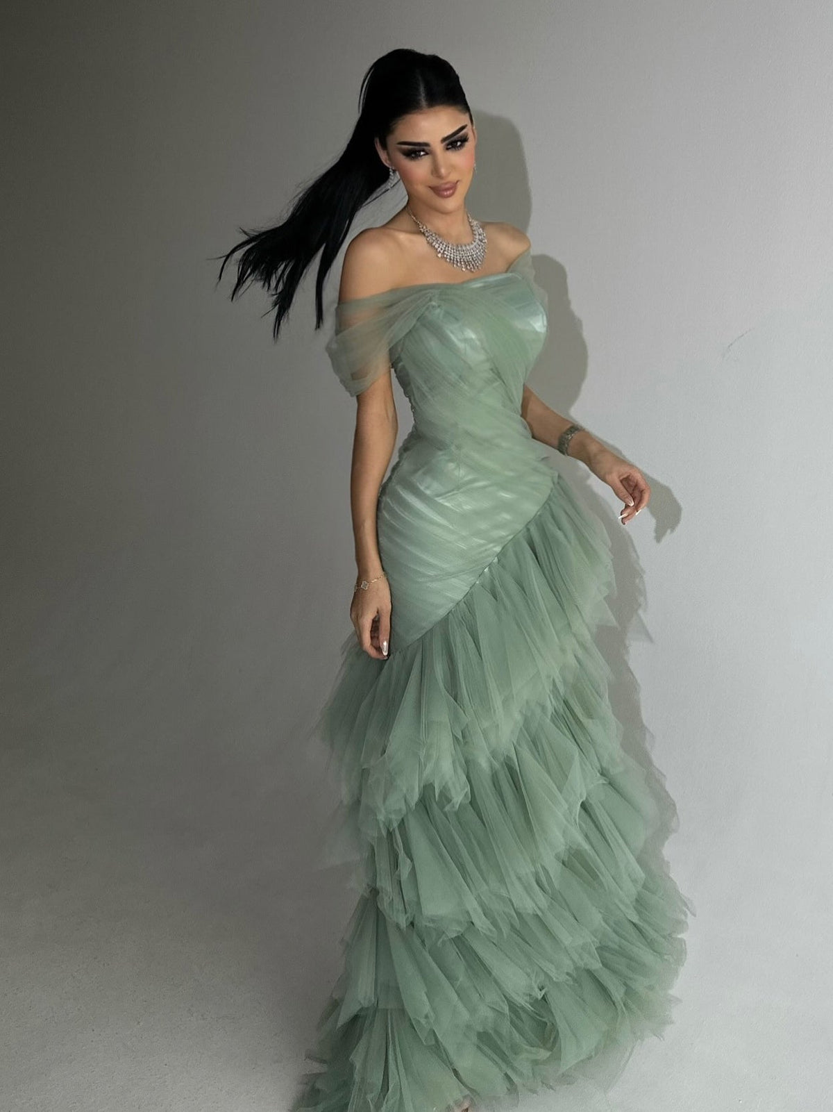 Elegant Light Green Strapless Mermaid Dress With Layered Tulle Skirt