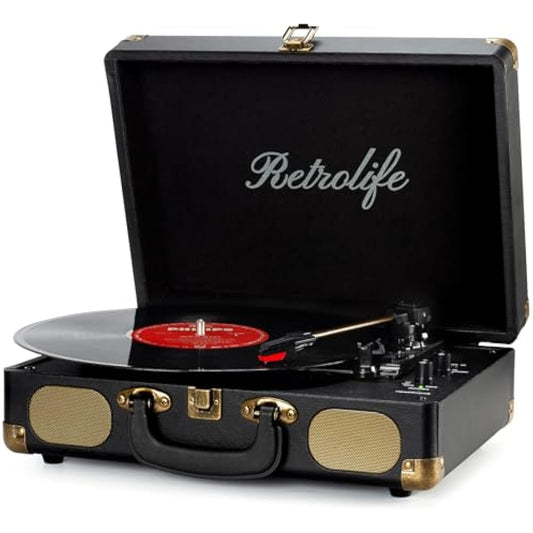 Retrolife Vinyl Record Player 3-Speed Bluetooth Suitcase Portable Belt-Driven Record Player with Built-in Speakers RCA Line Out AUX in Headphone Jack Vintage Turntable