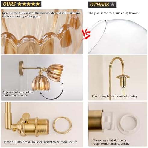 Shenmoyl Vintage Wall Lights Set of 2 Wall Lamps Indoor Gold Wall Sconces 180 Degree Adjustable with Switch for Living Room Bedroom Bedside Bathroom Tulip Amber