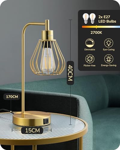 EDISHINE Bedside Lamps Set of 2, Dimmable LED Table Lamp, Teardrop Cage Lampshade, USB Charging Ports, Touch Lamps for Living Room, Bedroom, E27 Socket, Bulb Included, Gold