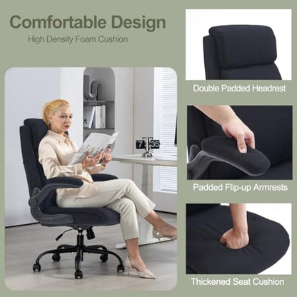 CASTLOVE Ergonomic Office Chair for Home - Computer Desk Chair with Back Support - Flip Up Armrest - High Back - Height Adjustable - Rocking Function (Fabric Office Chair Black Max 150 kg)