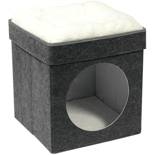 Bonlife Cat Beds for Indoor Cats,Foldable Large Felt Cat House for Winter with Two Move Cushion,Warm Comfortable Dog Bed，Dark Grey 45X45X50CM