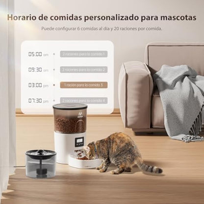 IMIPAW Automatic Cat Feeder and Water Fountain, Timed Pet Dry Food Dispenser, Programmable Portion Control, 1-6 Meals Per Day, Cats Drinking Fountain with Filter, Small Pets, 3L Combo