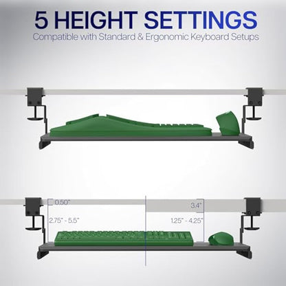 VIVO Large Height Adjustable Under Desk Keyboard Tray, C-clamp Mount System, 27 (33 Including Clamps) x 11 inch Slide-Out Platform Computer Drawer for Typing, Black, MOUNT-KB05HB