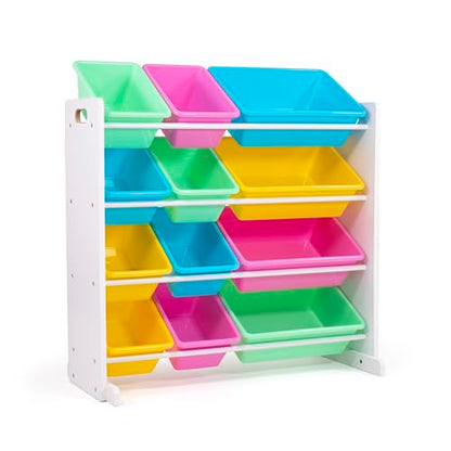 Humble Crew Pastel Wooden Toy Storage Organiser for Children, with 12 BPA Free Plastic Removeable Storage Bins, Ideal for Storing Toys, Games, Books