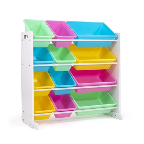 Humble Crew Pastel Wooden Toy Storage Organiser for Children, with 12 BPA Free Plastic Removeable Storage Bins, Ideal for Storing Toys, Games, Books