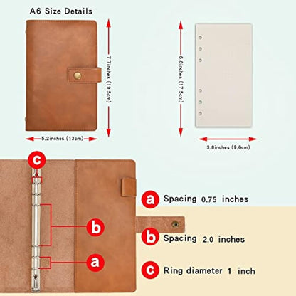 WONDERPOOL A6 Leather Diary Refillable Notebook Spiral Journal Binder Portfolio - Dot Grid Paper & Inner Pockets Organizer for Man and Woman (Brown, A6)