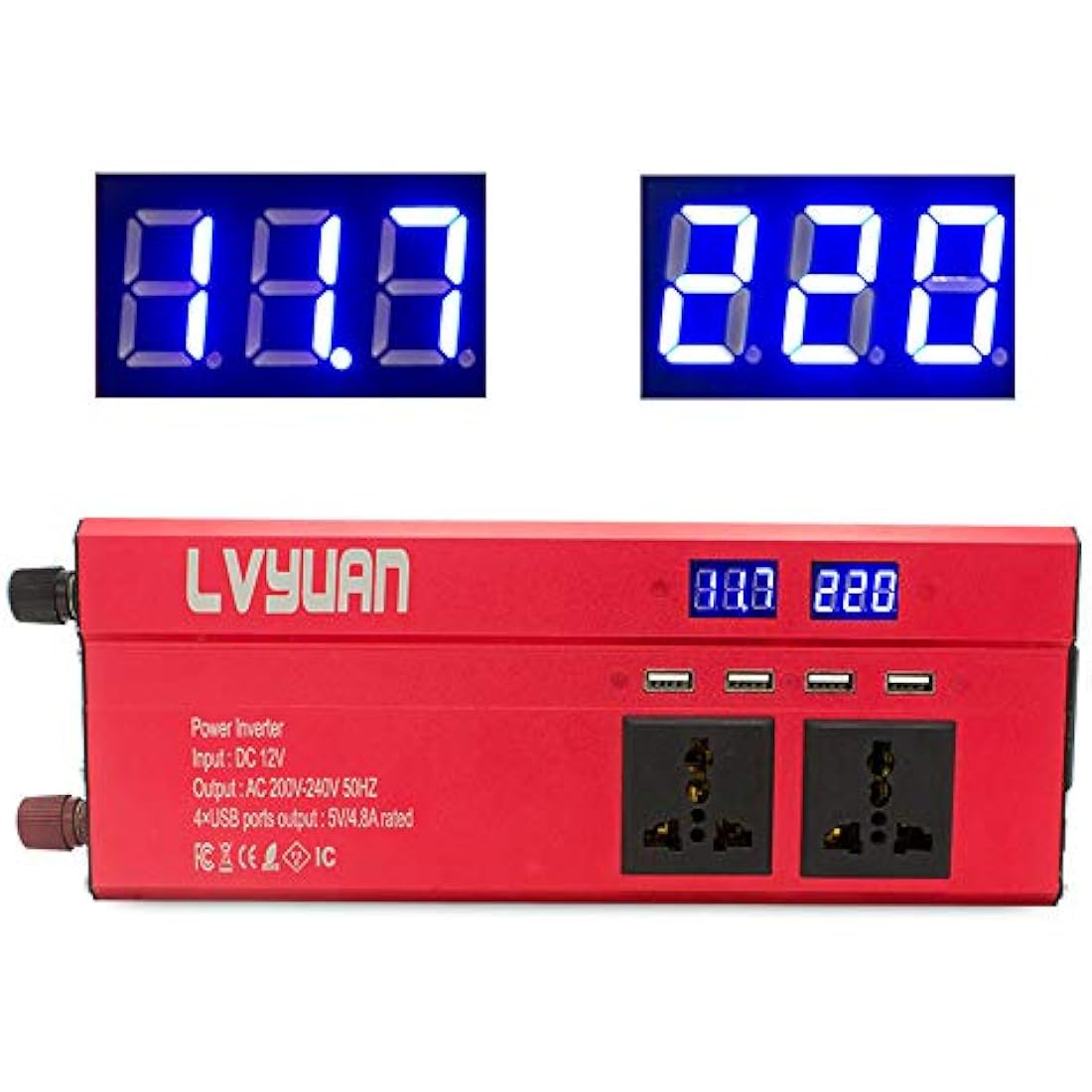 Cantonape Power Inverter 1000W/2000W (peak) DC 12V to AC 230V 240V Converter with 4 USB Interfaces 3 Universal sockets Cigarette Lighter Adapter in Car Crocodile Clip