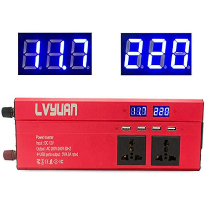 Cantonape Power Inverter 1000W/2000W (peak) DC 12V to AC 230V 240V Converter with 4 USB Interfaces 3 Universal sockets Cigarette Lighter Adapter in Car Crocodile Clip