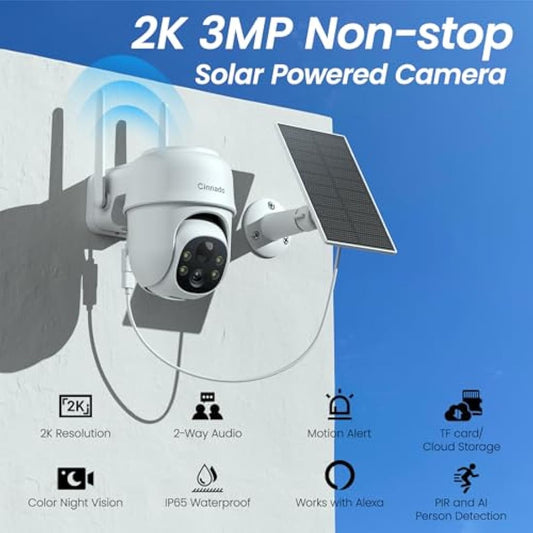 Cinnado Solar Security Camera Outdoor Wireless 2K CCTV Camera Systems House Security, Solar Battery Powered, PIR Detection, 360° Color Night Vision, Siren