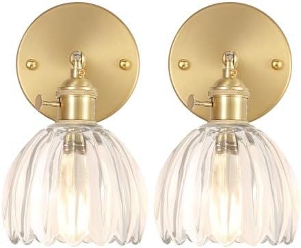 Shenmoyl Vintage Wall Lights Set of 2 Wall Lamps Indoor Gold Wall Sconces 180 Degree Adjustable with Switch for Living Room Bedroom Bedside Bathroom Tulip Clear