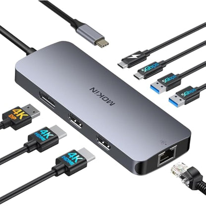MOKiN USB C Docking Station - 3 Monitor Hub with 2 HDMI, 4K DisplayPort, 1Gbps Ethernet, 100W PD Charging, 3 USB A/C 3.0 Ports for MacOS/Dell XPS/HP/Lenovo/Surface