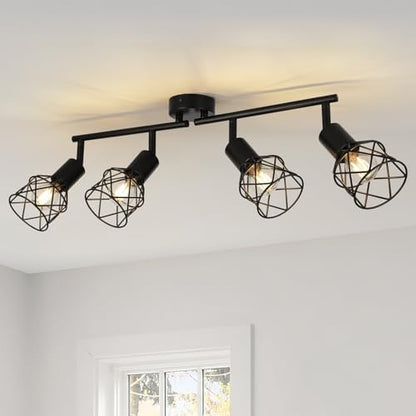 FORCOSO Ceiling Lights Spotlight, 4 Way Spot Lights 350°Adjustable, E14 Base Black Light Shade Metal Wire Cage Light Fittings, Industrial Wall Ceiling Lamp for Kitchen Living Room Hallway Bedroom