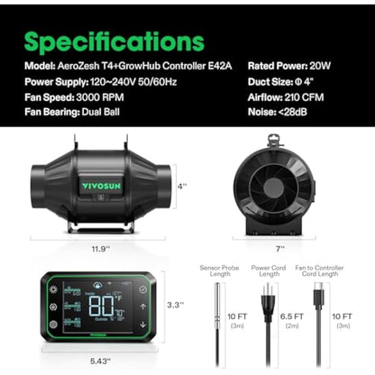 VIVOSUN Inline Duct Fan 100 mm Quiet Extractor Fan 357 m³/h with EC Motor and GrowHub E42A WLAN Controller AeroZesh T4 Fan for Grow Tents and Hydroponics