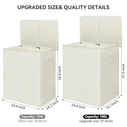Chrislley 180L Double Laundry Basket with lid and Removable Laundry Bags Large Collapsible 2 Dividers washing basket with Handles for Bedroom Laundry