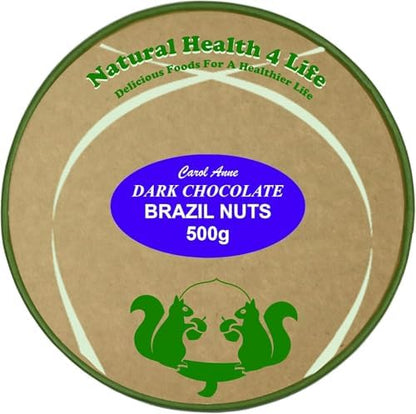 Natural Health 4 Life Carol Anne Confectionery Dark Chocolate Brazil Nuts 500g, Recyclable Kraft Tub and Sealed with Kraft Paper to Retain Freshness, Gluten-Free, Vegetarian,7.6g Protein/100g (1 Tub)