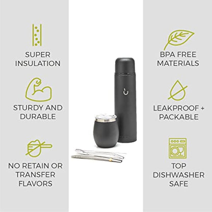 balibetov Complete Yerba Mate Set - Modern Mate Gourd, Vacuum Flask, Bombilla and Cleaning Brush Included - All Premium Quality 304 18/8 Stainless Steel (Black)