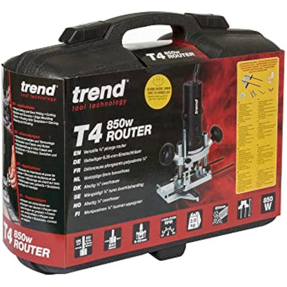Trend T4 1/4 Inch Variable Speed Workshop Router and Kitbox, Perfect for Hinge Cutting, Timber Profiling & Hand Carving, 850W 115v T4ELK, Black