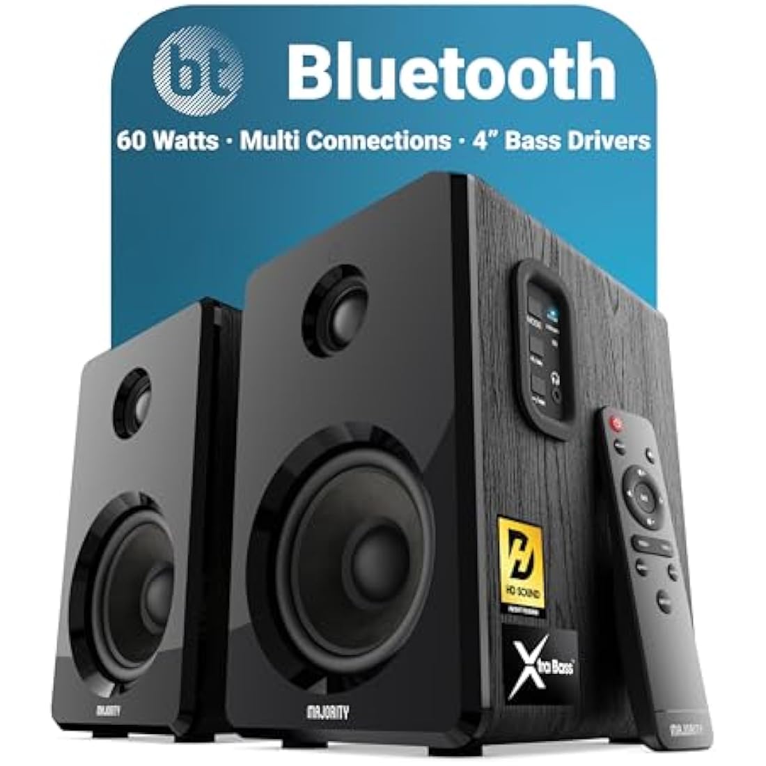 MAJORITY D40 | Active Bluetooth Bookshelf Speakers | Amplified HiFi Speakers with 60W 2.0 Channel 4" Drivers | Powered Studio Loudspeakers with Optical, RCA, USB & AUX Input | Remote Control Included