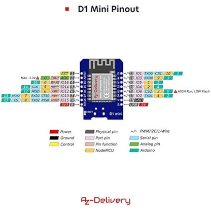 AZDelivery 5 x D1 Mini NodeMcu WiFi Board ESP8266-12F CH340G WLAN ESP8266 Micro USB Lua Module 3.3V 500mA compatible with Arduino Including E-Book!