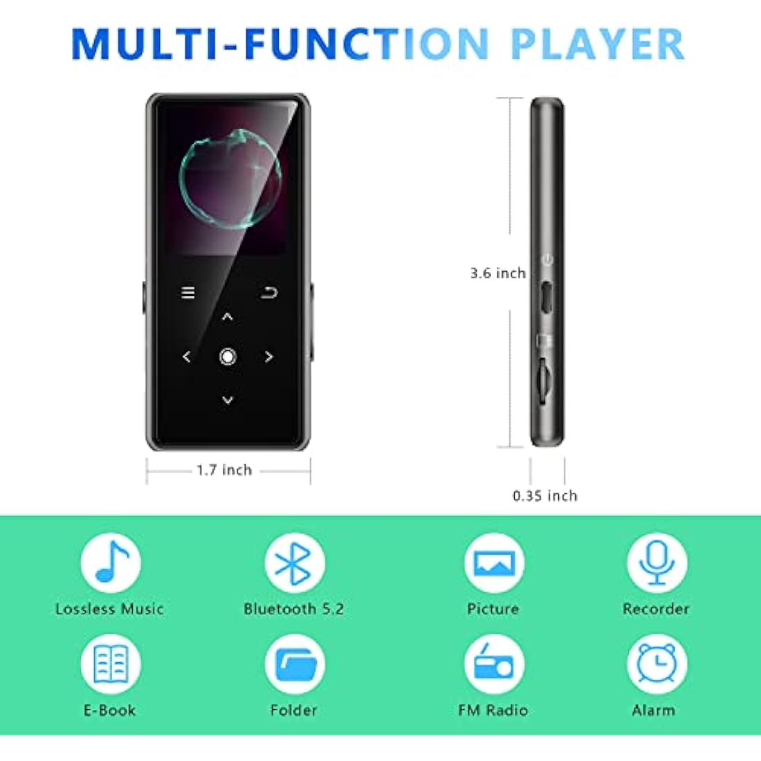 128GB MP3 Player with Bluetooth 5.2, AiMoonsa Music Player with Built-in HD Speaker, FM Radio, Voice Recorder, HiFi Sound, E-Book Function, Earphones Included