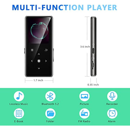 128GB MP3 Player with Bluetooth 5.2, AiMoonsa Music Player with Built-in HD Speaker, FM Radio, Voice Recorder, HiFi Sound, E-Book Function, Earphones Included