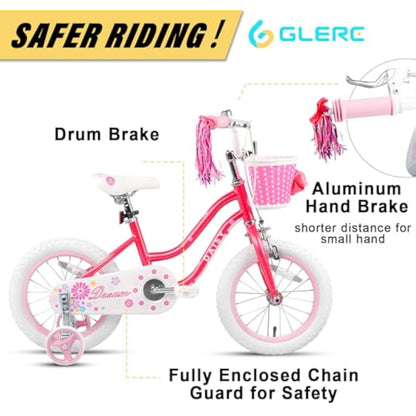 Glerc Daisy 14 Inch Girls Bike for 2-7 Years Kids with Stabilisers Basket Streamers and Bell,Multiple Colors
