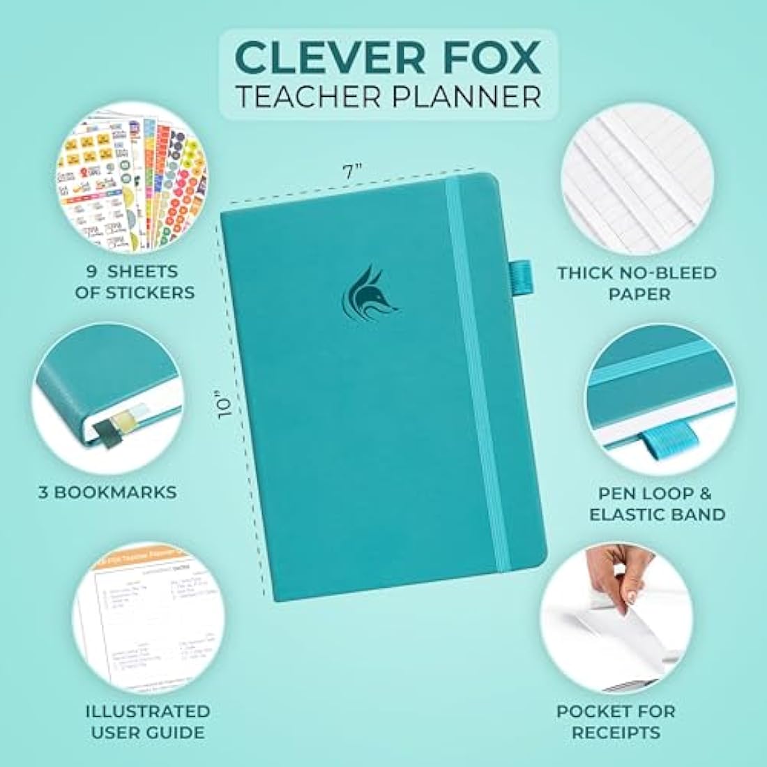 Clever Fox Teacher Planner – School Year Planner with Calendars & Lesson Plans – Teacher Plan Book for Classroom & Homeschool Organization - Undated, 18x25cm, Hardcover (Turquoise)