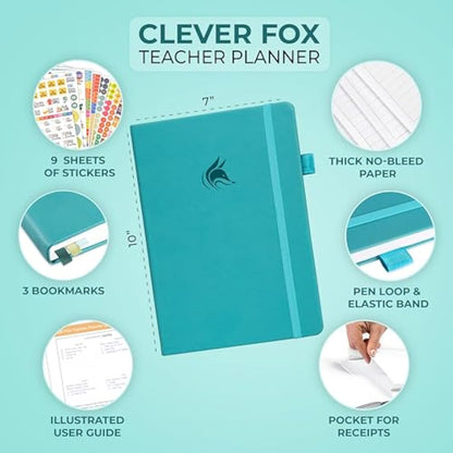 Clever Fox Teacher Planner – School Year Planner with Calendars & Lesson Plans – Teacher Plan Book for Classroom & Homeschool Organization - Undated, 18x25cm, Hardcover (Turquoise)