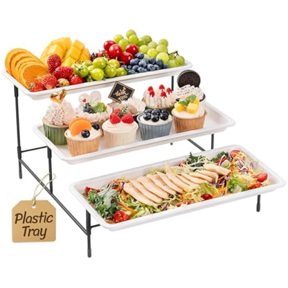 Lifewit 3-Tier 35.5x16.5cm Plastic Serving Platter, Reusable Tray with Collapsible & Stable Metal Stand – Ideal for Lightweight Food Display at Party, Afternoon Tea Cake, Fruit, Cookies, Dessert