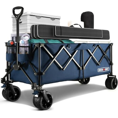 Overmont 300L Extra Large Folding Festival Trolley Cart - All-terrain Wide Wheels and Brake - Heavy Duty Cart Load up 200KG - with Adjustable Handle & Cover Bag - Wagon for Beach Camping Garden blue