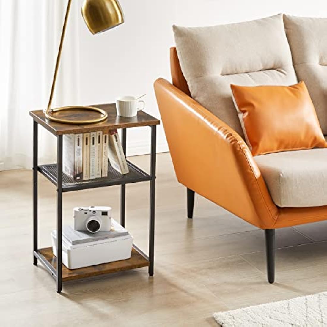 IBUYKE Side Table, 3-Tier End Table, Industrial Nightstand Small Table with Storage Shelf, Bedside Table for Bedroom, Living Room, Hallway, with Metal Frame, Rustic Brown TMJ403H