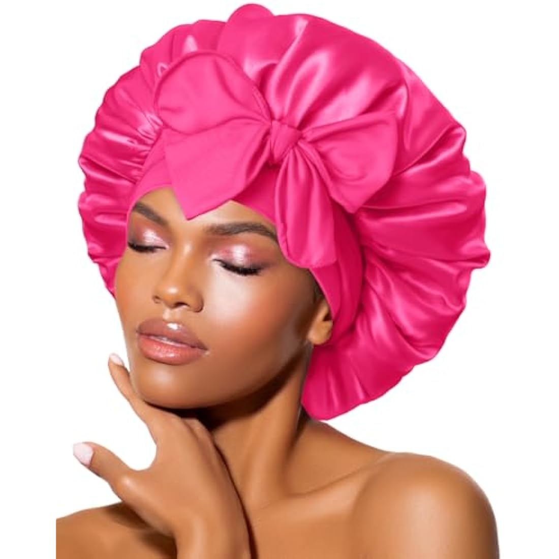 BONNET QUEEN Silk Bonnet for Sleeping for Curly Hair, Satin Bonnet Hair Wrap for Women & Men, Adjustable Silk Scarf Night Cap with Tie Band, Hot Pink