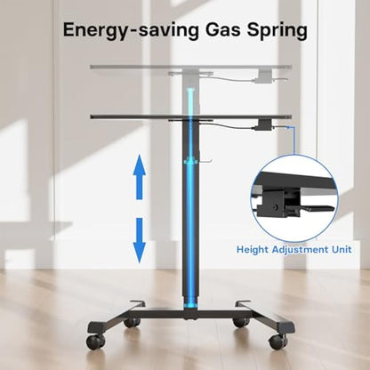 BONTEC 65×45 cm Mobile Standing Desk with 4 Rolling Castors, Height Adjustable Desk on Wheels, Portable Stand Up Desk, Over-Bed Table for Living Room, Bedroom, Medical Use, Ergonomic, Space Saving