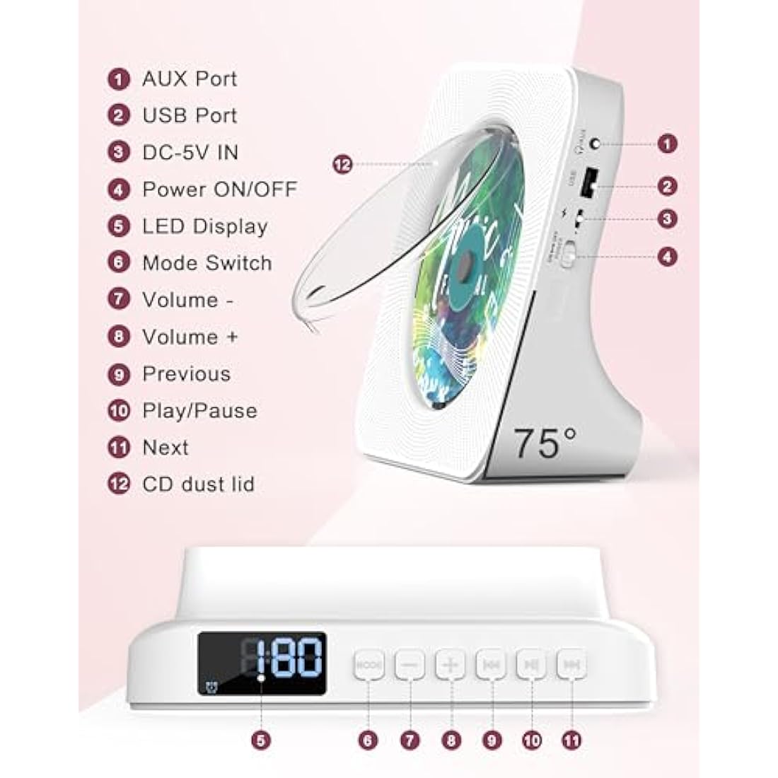 Portable CD Player with Bluetooth 5.0, Greadio Desktop CD Players for Home, CD Music Player with Speakers, Remote Control, Dust Cover, FM Radio, LCD Display, AUX, USB, Headphone Jack