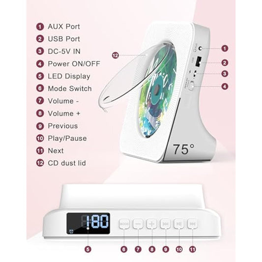 Portable CD Player with Bluetooth 5.0, Greadio Desktop CD Players for Home, CD Music Player with Speakers, Remote Control, Dust Cover, FM Radio, LCD Display, AUX, USB, Headphone Jack