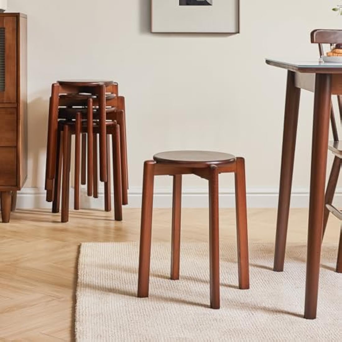 YMYNY Solid Wood Round Stools (Set of 4) | Stackable Vanity Stool