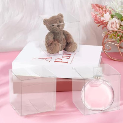 BENECREAT 20PCS Clear Party Favour Boxes 8x8x8cm Square PET Gift Boxes with Protective Film for Wedding Souvenir