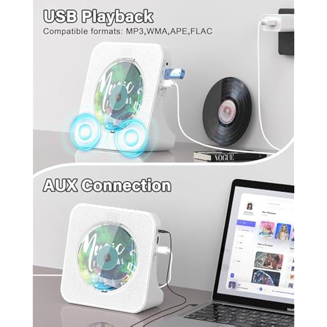 Portable CD Player with Bluetooth 5.0, Greadio Desktop CD Players for Home, CD Music Player with Speakers, Remote Control, Dust Cover, FM Radio, LCD Display, AUX, USB, Headphone Jack