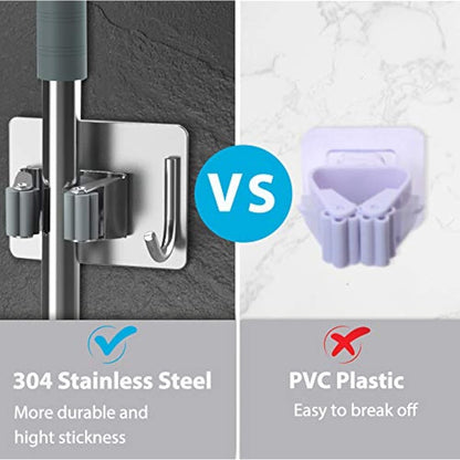 homeasy Mop Broom Holder, 4 Pcs Stainless Steel Self Adhesive Mop Holder Wall Mounted with Hooks Hanger Self-Adhesive Broom Holder for Bathroom, Kitchen, Office, Closet, Garden Garage(Silver)