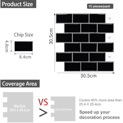 (10-Sheets) Peel and Stick Subway Tile Stickers, Self Adhesive Wall Tiles, Stick on Tile Splashback for Kitchen & Bathroom Black