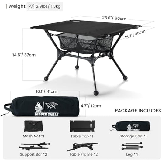 ONETIGRIS Dipper Camping Table, Lightweight Portable Folding Table with Mesh Storage Net, High/Low Options, Ideal for Camping, Hiking, Tailgating, Beach, Picnic, Travel, Backyard